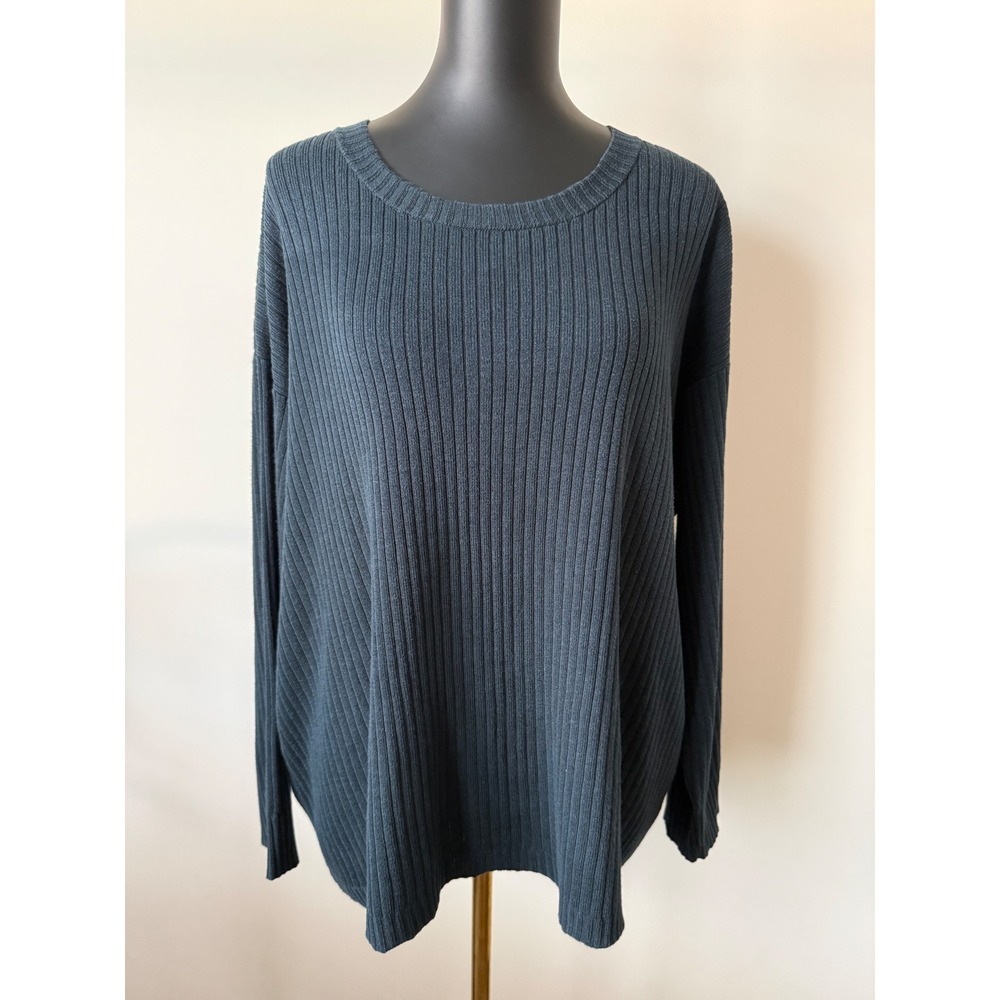 Eileen Fisher Ribbed Organic Cotton Tencel Sweater XL Dark Blue Crew Neck Top